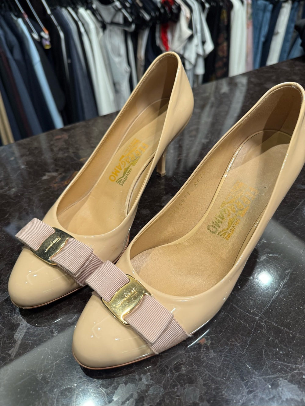 Salvatore Ferragamo Beige Patent Bow Pumps with Gold Plaque